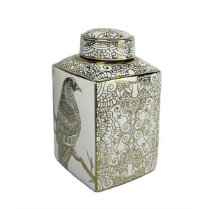 Ceramic Covered Jar Wth Hawk Motif, White-Gold