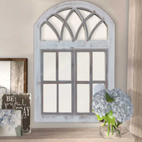 Arched Wooden Framed Window Wall Panel with Inserted Mirror, Distressed White and Clear