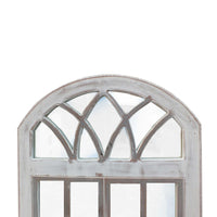 Arched Wooden Framed Window Wall Panel with Inserted Mirror, Distressed White and Clear