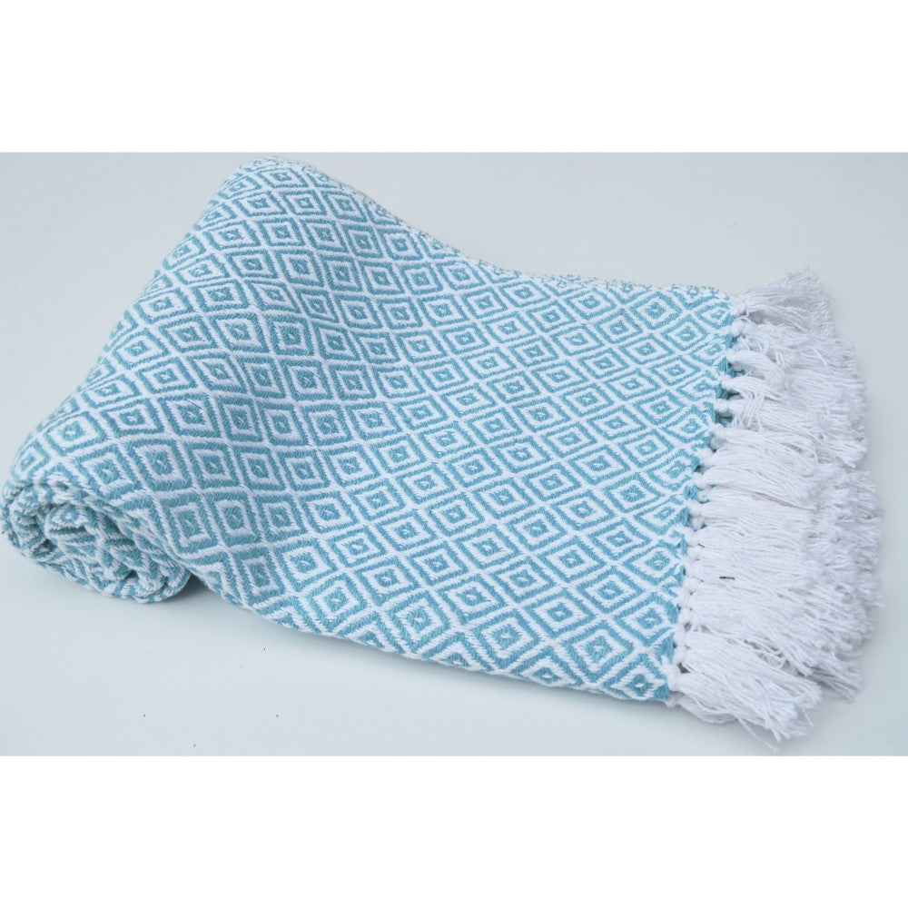 Diamond Patterned Cotton Throw, Aqua Blue And White