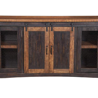 Dual Tone Wood and Metal TV Stand With 2 Mesh Style Doors, Antique Black and Brown