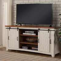 Dual Tone Wood and Metal TV Stand With 2 Mesh Style Doors, White and Brown