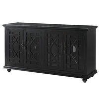 Wooden TV Stand With Trellis Detailed Doors, Antiqued Black