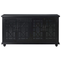 Wooden TV Stand With Trellis Detailed Doors, Antiqued Black