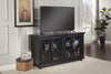 Wooden TV Stand With Trellis Detailed Doors, Antiqued Black