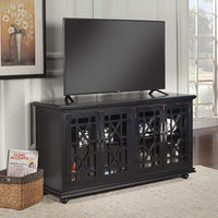 Wooden TV Stand With Trellis Detailed Doors, Antiqued Black