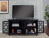 Wooden TV Stand With Trellis Detailed Doors, Antiqued Black