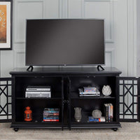 Wooden TV Stand With Trellis Detailed Doors, Antiqued Black