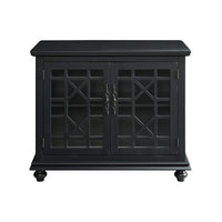 Wooden TV Stand With Trellis Detailed Doors, Antique Black