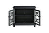 Wooden TV Stand With Trellis Detailed Doors, Antique Black