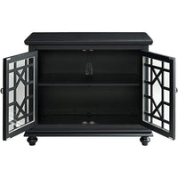 Wooden TV Stand With Trellis Detailed Doors, Antique Black