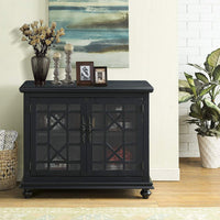 Wooden TV Stand With Trellis Detailed Doors, Antique Black