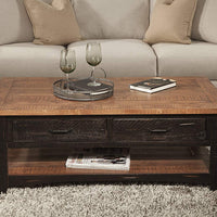 Dual Tone Wooden Coffee Table With Two Drawers, Antique Black and Honey Tobacco Brown