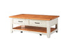 Dual Tone Wooden Coffee Table With Two Drawers, Antique White and Honey Tobacco Brown