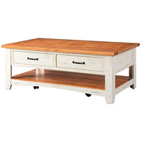 Dual Tone Wooden Coffee Table With Two Drawers, Antique White and Honey Tobacco Brown