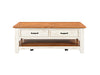 Dual Tone Wooden Coffee Table With Two Drawers, Antique White and Honey Tobacco Brown