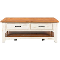 Dual Tone Wooden Coffee Table With Two Drawers, Antique White and Honey Tobacco Brown