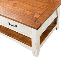 Dual Tone Wooden Coffee Table With Two Drawers, Antique White and Honey Tobacco Brown