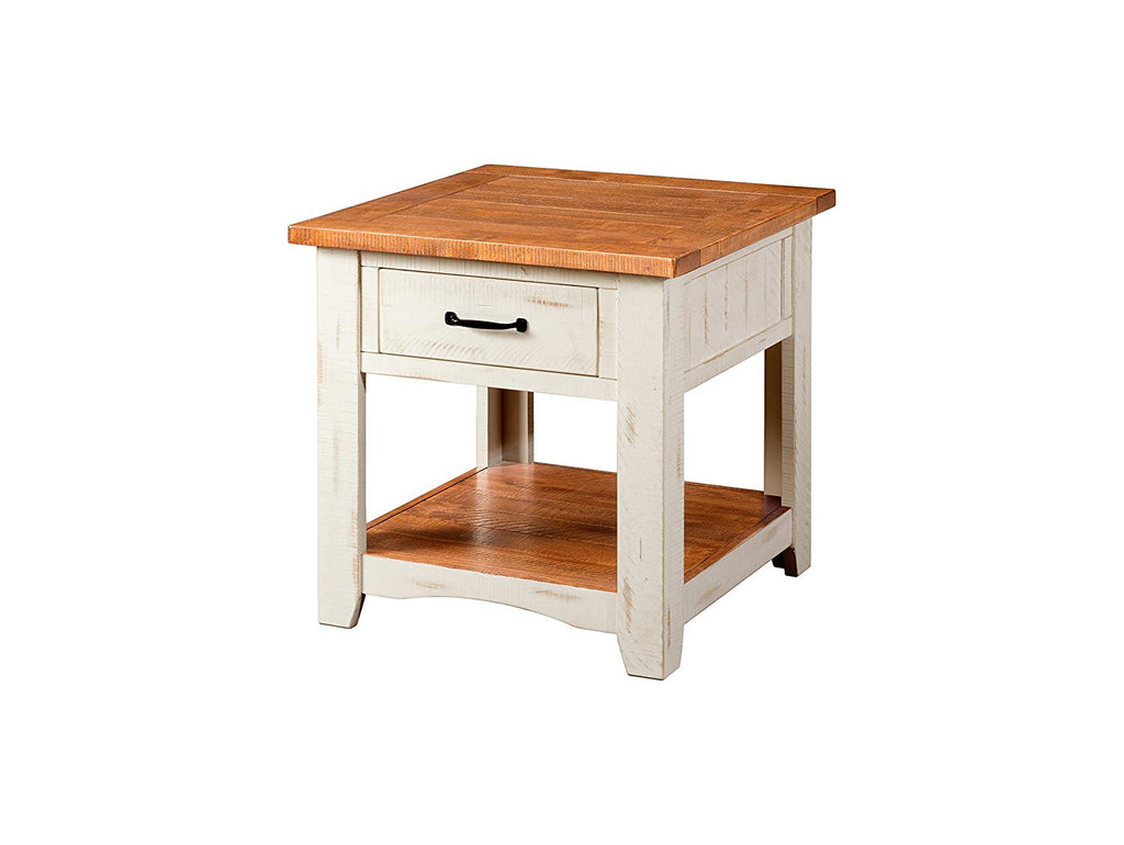 Dual Tone Wooden End Table With 1 Drawer & 1 Shelf, White and Brown