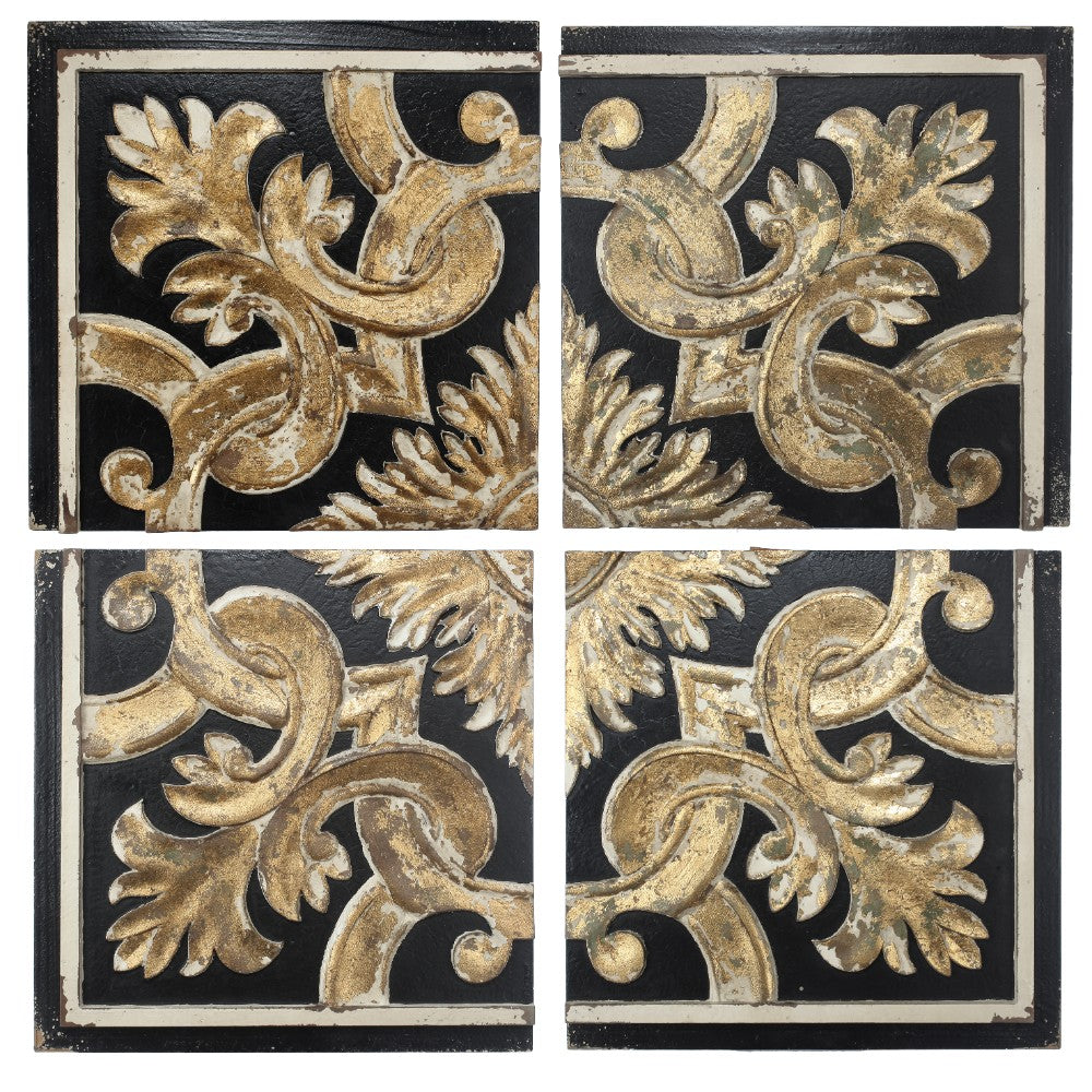 Distressed Fresco Panels With Traditional Motif In Wood, Black & Gold, Set of 4