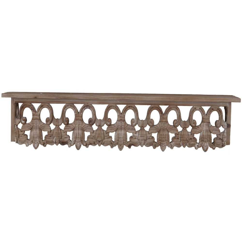 Finely Carved Wooden Wall Shelf, Medium, Brown