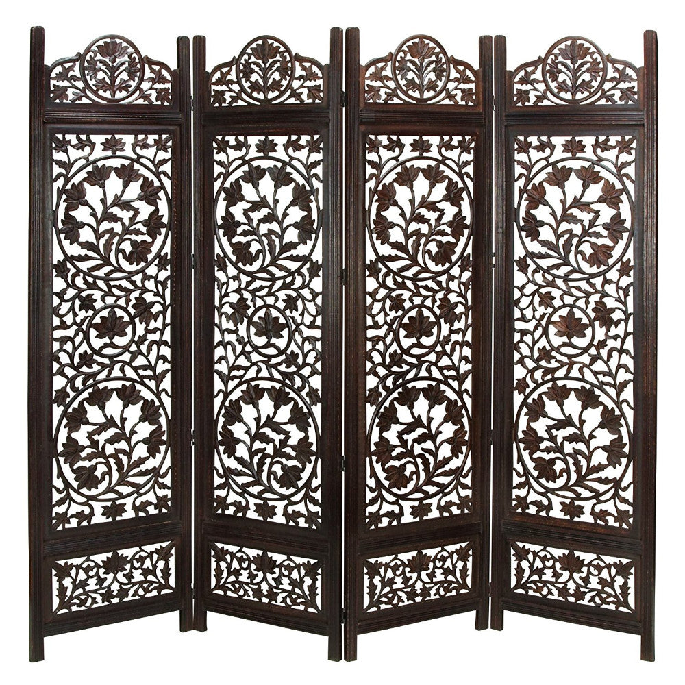 Handcrafted Wooden 4 Panel Room Divider Screen Featuring Lotus PatternReversible