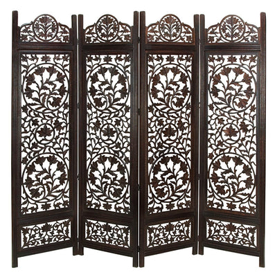 Handcrafted Wooden 4 Panel Room Divider Screen Featuring Lotus PatternReversible