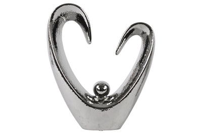 Open Heart Abstract Sculpture With Round Figurine In Center, Large, Silver