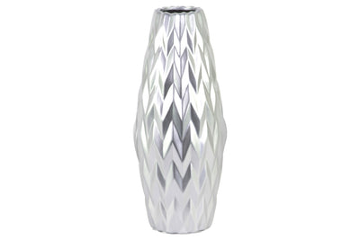 Embossed Wave Design Ceramic Vase With Round Lip, Large, Silver