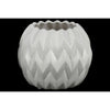 Embossed Wavy patterned Ceramic Low Vase With Uneven Lip, Large, Matte White