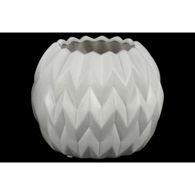 Embossed Wavy patterned Ceramic Low Vase With Uneven Lip, Large, Matte White
