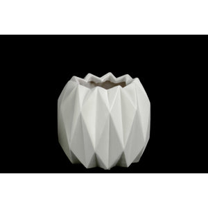 Geometric Patterned Ceramic Vase With Uneven Lip, Short, Matte White