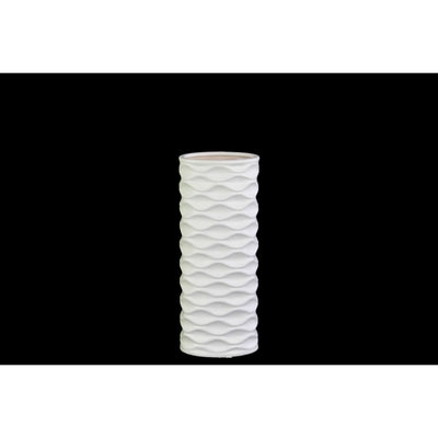 Cylindrical Ceramic Vase With Horizontally Embossed Wavy Pattern, Small, White