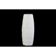 Oval Shape Ceramic Vase With Embossed Geometric Pattern, Matte White