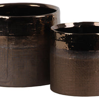 Cylindrical Ceramic Pot With Banded Gold Polished Rim, Set of 2, Gold