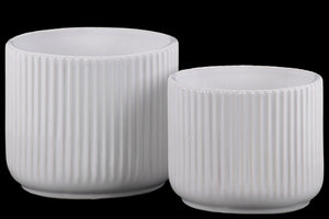 Ribbed Patterned Ceramic Pot With  Tapered Bottom, Glossy White, Set of 2