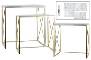 Metal Nesting Console Table With Marble Top, Champagne Silver, Set of 3