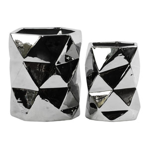 Hexagonal Ceramic Vase With Geometric Pattern, Set Of 2, Silver