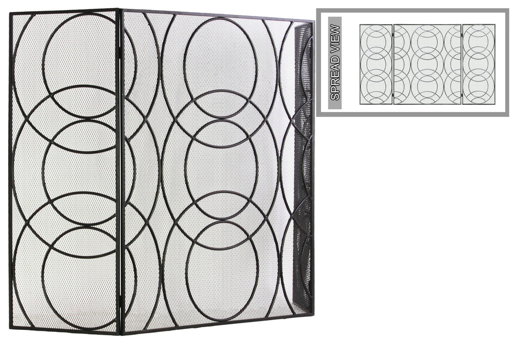 Metal Hinged Fireplace Screen With Circle In Circle Pattern, Gunmetal Gray