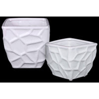 Ceramic Square Vase with Embossed Irregular Design, Set Of 2, White