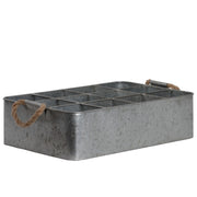 12 Slots Rectangular Metal Tray With Rope Handles, Galvanized Gray