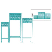 Square Shaped Metal Plant Stand With Cutout Pattern, Set Of 3, Blue