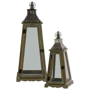 Wood Pyramidal Lantern with Floral Designing on Top, Set of Two, Brown