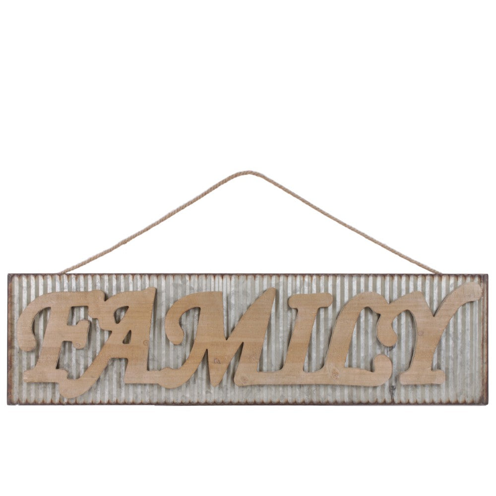 Metal Rectangular Wall Art with Wood Alphabet "FAMILY", Galvanized Gray