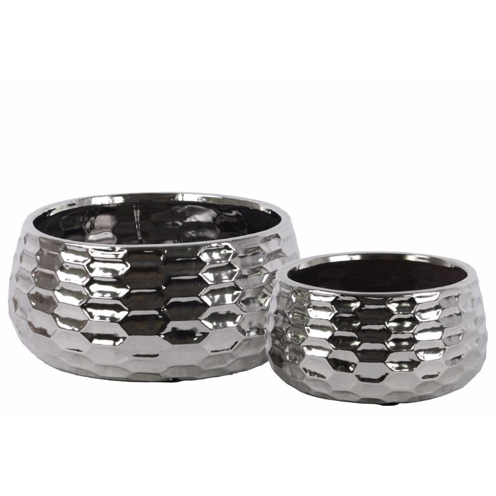 Ceramic Round Bowlshaped Pot with Honey Comb Design, Set of two, Silver