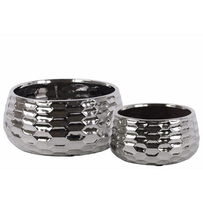 Ceramic Round Bowlshaped Pot with Honey Comb Design, Set of two, Silver