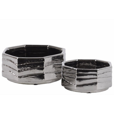 Ceramic Octagonal Pot With Polished Chrome Finish, Set of 2, Silver