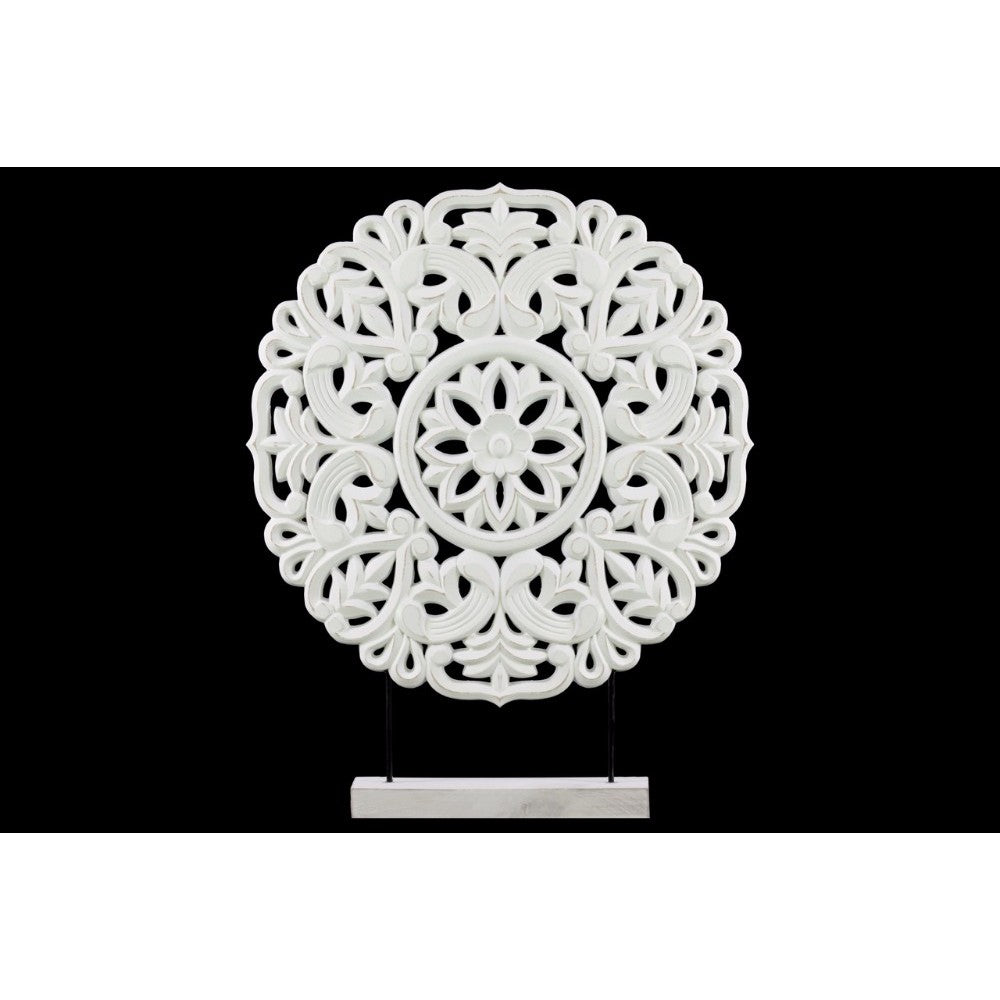 Wood Round Buddhist Wheel Ornament on Rectangular Stand in LG Matte Finish, White