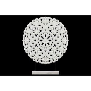 Wood Round Buddhist Wheel Ornament on Rectangular Stand in LG Matte Finish, White