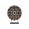 Wood Round Buddhist Wheel Ornament on Rectangular Stand, Bronze